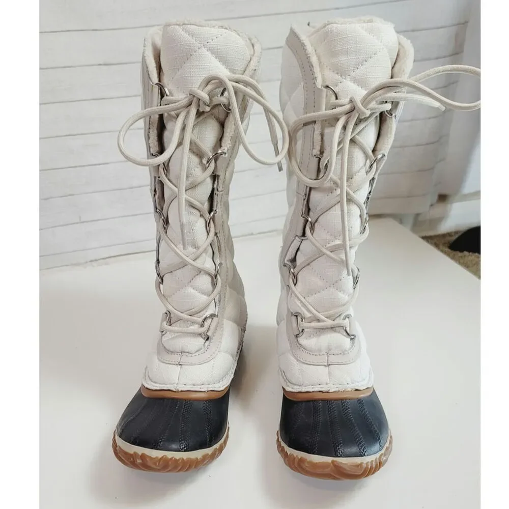 SOREL OUT & ABOUT TALL WATERPROOF LACE UP BOOTS IN WHITE, SZ 6.5